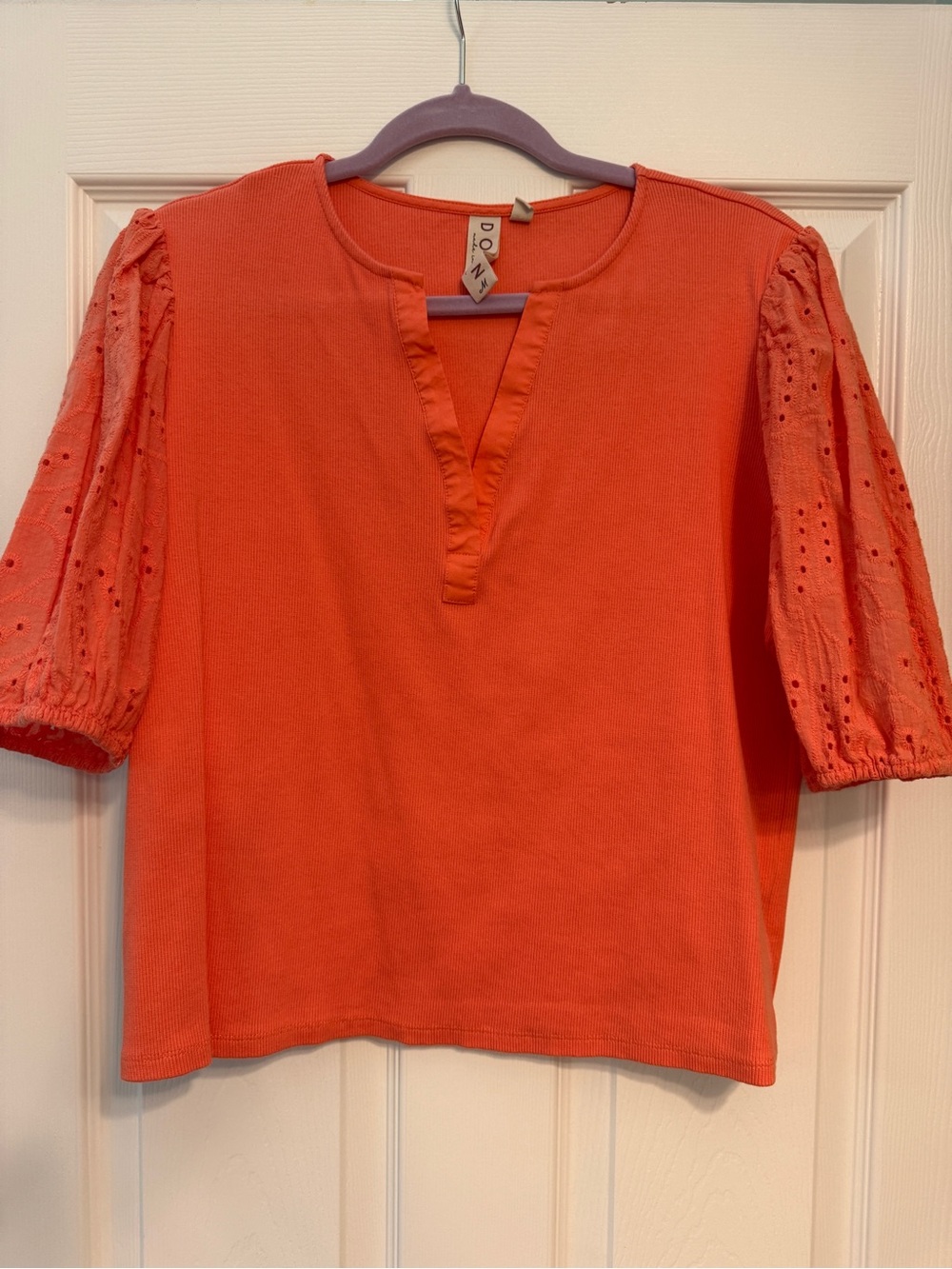 DONNI. Coral Eyelet Puff Sleeve V-Notch Top